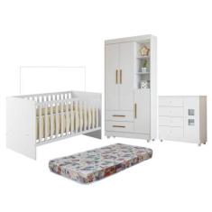 Quarto de Bebê Berço com Colchão, Cômoda 1 Porta 4 Gavetas e Roupeiro 