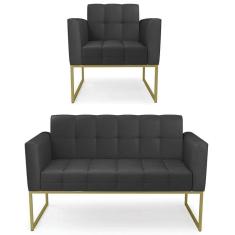 Sofá Namoradeira E 1 Poltrona Base Industrial Dourado Ana Sintético Preto - Ibiza