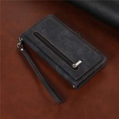 Capa de telefone de couro com cordão longo para Samsung Galaxy S23 S22 Ultra S21 FE S20 S10 Plus Note 20 Capa carteira com zíper para vários cartões, preta, para Samsung S22 Plus