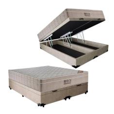 Cama Box Baú Queen + Colchão de Molas Ensacadas Ortobom Airtech Bege 158cm -Suporta até 150 Kg Por Pessoa