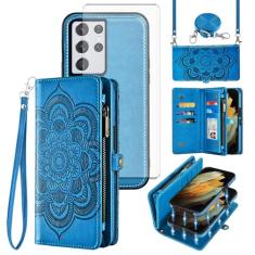 Asuwish Capa de celular para Samsung Galaxy S21 Ultra 5G Carteira com zíper destacável com protetor de tela de vidro temperado, compartimento para cartão de flores S21ultra 21S S 21 21ultra G5