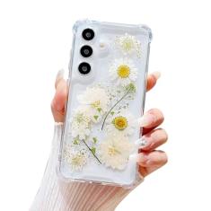 Lewrtser Capa para celular compatível com Samsung Galaxy S24 fofa prensada seca flores reais femininas à prova de choque com glitter floral transparente para Galaxy S24 (flor branca)