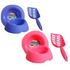 Kit Comedouro Bebedouro 600ml + Pá Higiênica Para Cachorro Gato - Plas