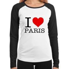 Baby Look Raglan I love Paris Manga Longa - Foca na Moda, Branco, Pret