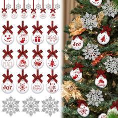 HyDren 24 peças de enfeites de árvore de Natal para pendurar lâmpadas inquebráveis com arcos xadrez de búfalo e enfeites de floco de neve rústico fazenda alegria árvore de Natal decoração para árvore