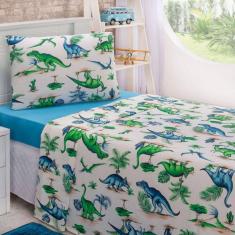 Jogo De Cama Lençol Em Malha Solteiro Dinossauro 3 pç Verde