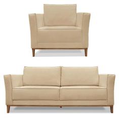 Kit Poltrona e Sofá Living 2 Lugares 1,70m Vega Linho Pés Castanho - P
