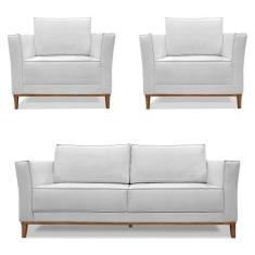 Kit 2 Poltronas e Sofá Living 2 Lugares 1,90m Vega Linho Pés Castanho 