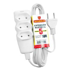 Extensão Elétrica 5mt 3 Tomadas 2 Pinos 10a Branco Megatron