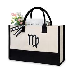 Bolsa de praia de lona TOPDesign, com inicial personalizada, sacola de presente com monograma, para mulheres, Preto e branco, 17" x 11.8" x 7.8"