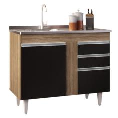 Balcão Gabinete 100cm Sem Tampo 3 Portas 2 Gavetas Luziania Castanho/preto - Lumil Móveis