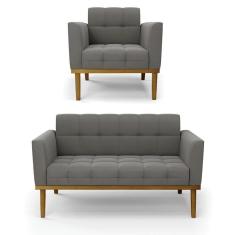 Namoradeira Com Poltrona Base De Madeira Castanho Elisa Suede D03 - D\`rossi Cor Grafite