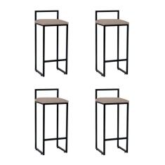 Kit 4 Banquetas Altas Industriais em Aço Dori Preto Assento Suede Bege