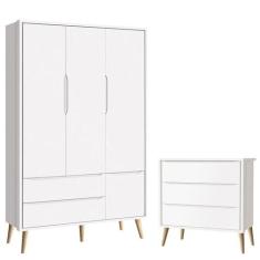 Cômoda Gaveteiro Infantil e Guarda Roupa 3 Portas Theo Branco Acetinad
