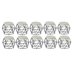 Kit 10 Puff Banqueta Aramado Mila Base Preta Hexágono Suede Bege - DAM