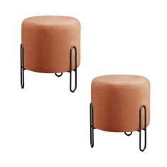 Conjunto - 2 Puffs Banqueta Mali Luxo Base Metálica Preta Linho Terracota