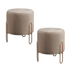 Conjunto - 2 Puffs Banqueta Mali Luxo Base Metálica Bronze Linho Cappuccino