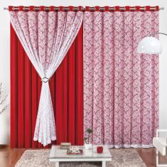 Cortina 2 Mts Sala Quarto Malha Renda Para Trilho Comum Baratissima Vermelha