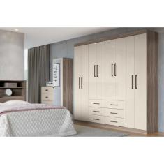 Guarda Roupa Casal Liverpool 8 Portas de Abrir 6 Gavetas MDF-MDP Castanha-Off White Santos Andirá