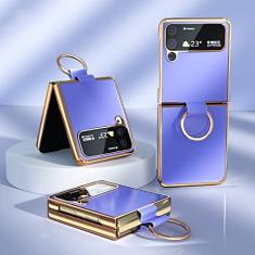 Capa traseira protetora de tela dobrável para Samsung Z Flip 4 Flip 3 Capa de couro Capa para celular com fivela de anel de dedo, roxa, para Galaxy Z Flip 3