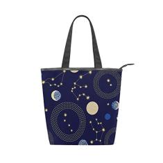 Bolsa feminina durável de lona com tema do zodíaco, constelações abstratas, lua e círculos, bolsa de ombro para compras de grande capacidade