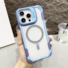 Suporte de câmera capa transparente acrílica magnética para iPhone 15 13 Pro Max 14 Plus capa de telefone transparente em cor contrastante, azul, para iPhone 14 ProMax