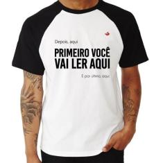 Camiseta Raglan Primeiro você vai ler aqui - Foca na Moda, Branco, Pre