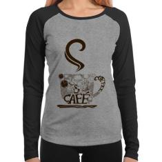 Baby Look Raglan Café Coffee Manga Longa - Foca na Moda, Cinza, Preto,