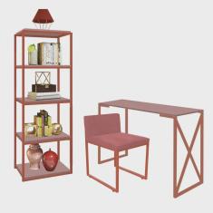 Kit Escritório Bex 1 Cadeira Suede Rose com 1 Mesa e 1 Livreiro Ferro Bronze mdf Rose Rosa - Ahazzo Móveis