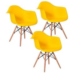 Kit 3 Cadeiras Charles Eames Eiffel Design Wood Com Braços - Amarela -