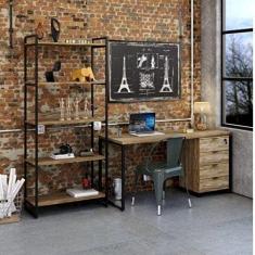 Conjunto Home Office Industrial 3 Peças 1 Escrivaninha 1 Estante e 1 Gaveteiro Kuadra Compace Carvalho