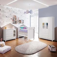 Quarto de Bebê Completo Gabrielle Berço Mini Cama Mirelle Guarda Roupa 4 Portas Cômoda Infantil 4 Gavetas com Porta Branco Carolina Baby