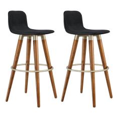 Kit 2 Banquetas Altas Luxo Versatil Aço Champanhe Linho Preto Base Carvalho 