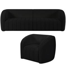 Kit Sofá 4 Lugares Para Sala 292cm com 01 Poltrona Lazio M03 Bouclê Preto - Lyam Decor