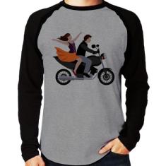 Camiseta Raglan Moto Casal Manga Longa - Foca na Moda, Cinza, Preto, M