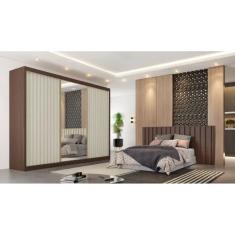 Guarda Roupa Ripado com 3 Portas de Correr e Espelho Central - Athenas-Ipê/Off White -  Móveis Europa