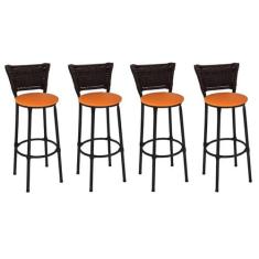 Kit 4 Banquetas Altas Preta com Encosto Junco Argila Assento Laranja -