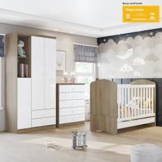 Quarto de Bebê com Guarda-Roupa 3 Portas Cômoda e Berço 3 em 1 Lápis d