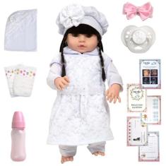 Boneca Tipo Reborn Cabelo Longo Morena Fofa Diversos Itens - Cegonha R
