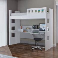 Cama Solteiro Alta com Escrivaninha e Grade de Proteção Foscarini Branco