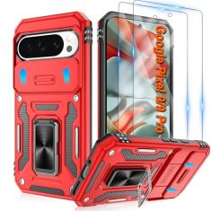 Capa para Google Pixel 9/Pixel 9 Pro com [2 unidades] protetor de tela HD + capa de câmera deslizante, suporte de anel de rotação de 360° [grau militar], capa protetora para celular à prova de choque,
