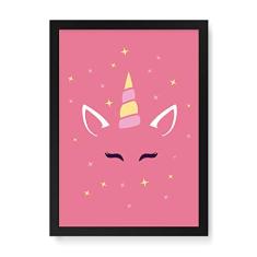 Arte Maníacos Quadro Decorativo Unicórinio Rosto Rosa - 23x16,25cm (Moldura caixa em laca preta)