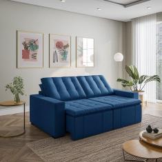 Sofá Cama Retrátil e Reclinável 3 Lugares 220cm em Veludo com Molas e Braço Reto Palmeira Cabecasa M Azul