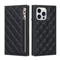 Capa de couro tipo carteira com zíper crossbody para iPhone 14 Pro Max 13 12 Mini 11 7 8 Plus SE 2022 com suporte para cartão e alça de cordão, preta, para iPhone 11ProMax