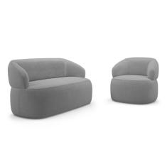 Kit Poltrona Giratória E Sofá Orgânico Living Glee 03 Lugares 170cm Bouclê Cinza - Desk Design