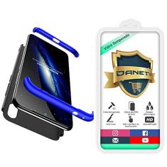 Kit Capa Capinha Anti Impacto 360 Para Xiaomi Redmi 7 Normal Com Tela 6.26" Polegadas - Case Acrílica Fosca E Acabamento Macio Com Película De Vidro Temperado - Danet (Preto com azul)