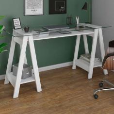 Mesa Escrivaninha Cristal com Tampo de Vidro Branco - Artany Móveis, B