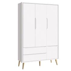 Guarda Roupa Infantil Theo 3 Portas Branco Acetinado com Pés Madeira Natural - Reller