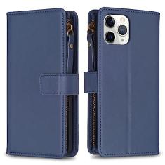 Capa com alça de pulso para iPhone 11 Pro, 9 compartimentos para cartão, 1 carteira de couro com zíper, função de suporte, fecho magnético, capa para celular compatível com iPhone 11 Pro 5,8 polegadas