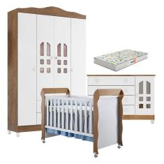 Quarto de Bebê New Selena 4 Portas com Cômoda Gran Selena e Berço Mirelle Branco Acetinado Amadeirado e Colchão Gazin – Carolina Móveis